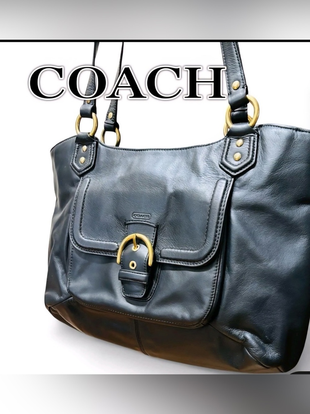 Coach Campbell Belle carryall handbag black gold hardware buckle pocket